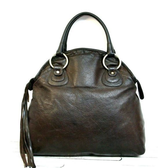 LARGE BULGA BROWN GENUINE LEATHER FRINGE TOTE SHOULDER BAG HANDBAG BOHO PURSE - Picture 1 of 11